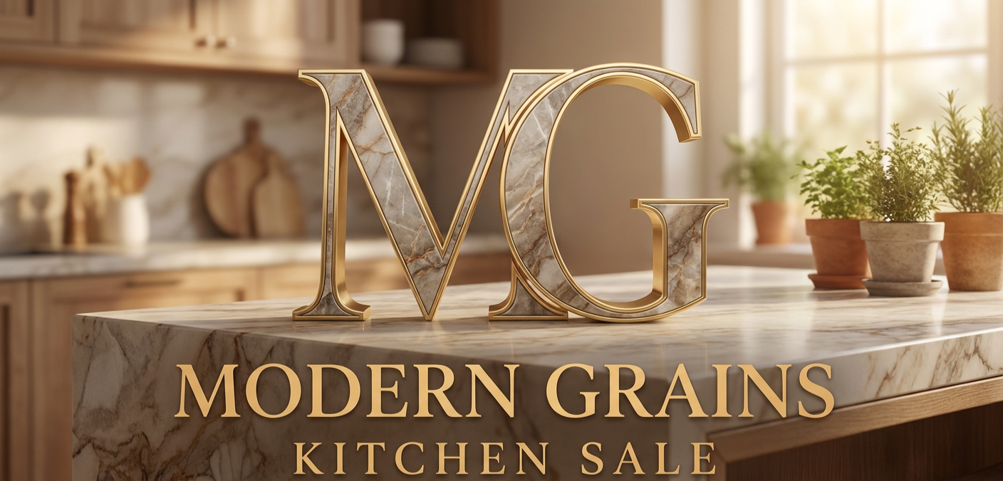Modern Grains — marble kitchen countertop with gold MG monogram